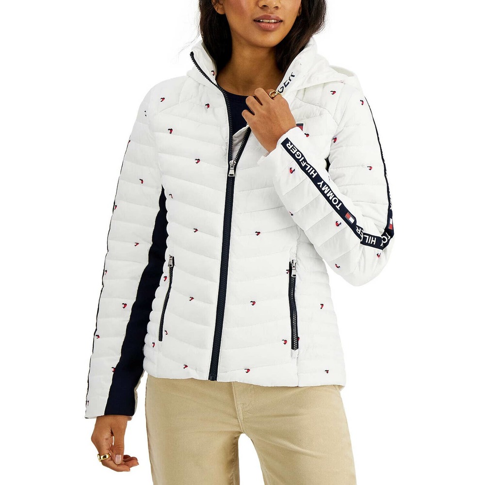 Tommy Hilfiger Women's Heart-Logo Hooded Puffer Packable Jacket White Size M